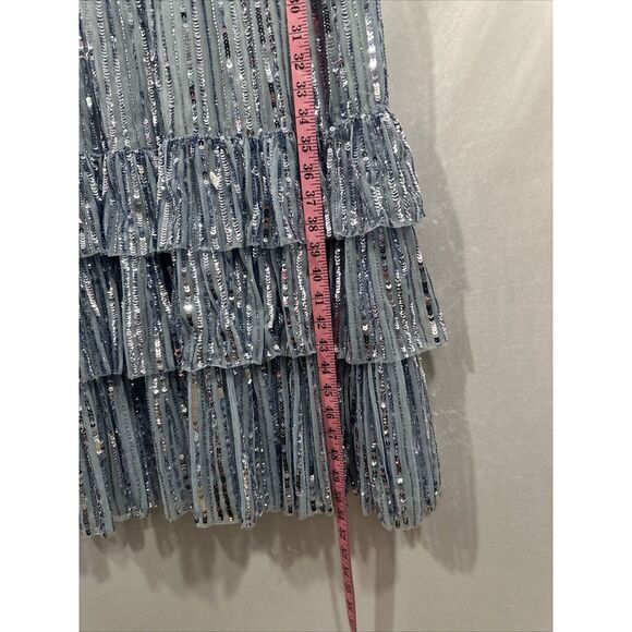 NWT MAC DUGGAL [ 8 ] 23006 Long‎ Sleeve Deep V Tiered Ruffle Sequin Dress Slate - Picture 8 of 16